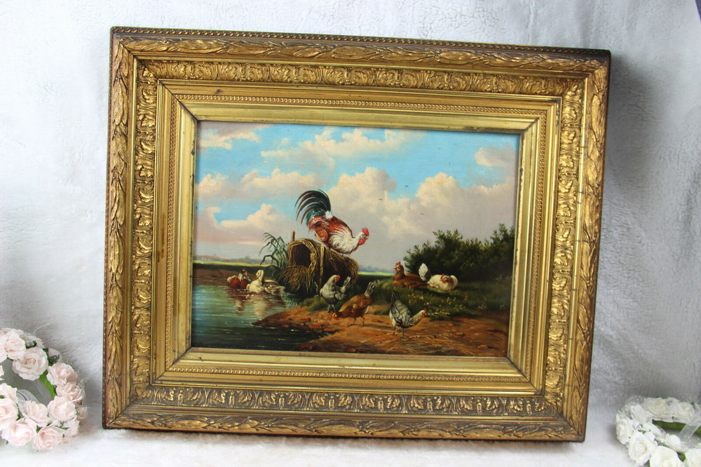 German school 1900s Oil panel painting chickens rooster poultry scene