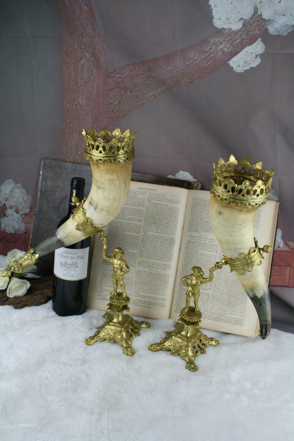 gorgeous french antique pair cornucopia horns figurines 1900 brass