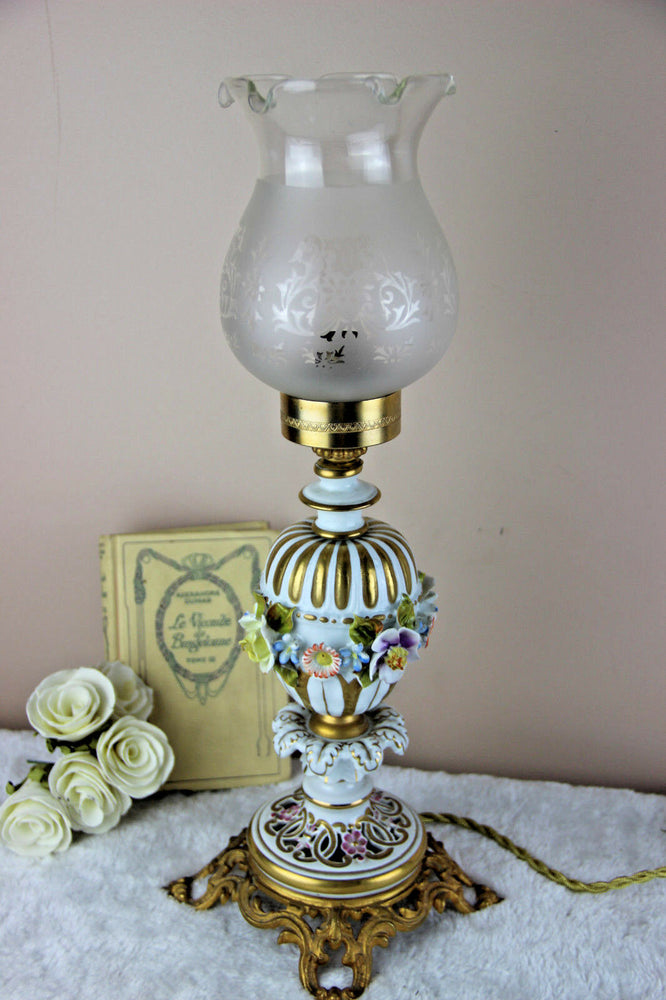 Capodimonte Italian porcelain faience relief Floral decor lamp marked 1960's