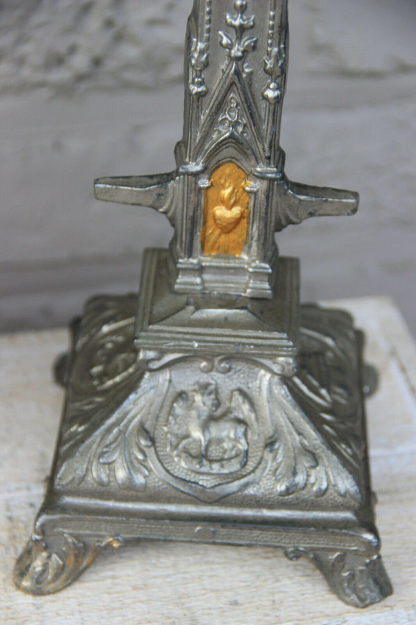 Antique French religious spelter crucifix cross 4 evangelists base symbols