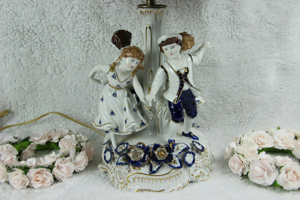 German PLAUE schierholz porcelain Lamp group figurines dancing blue white signed