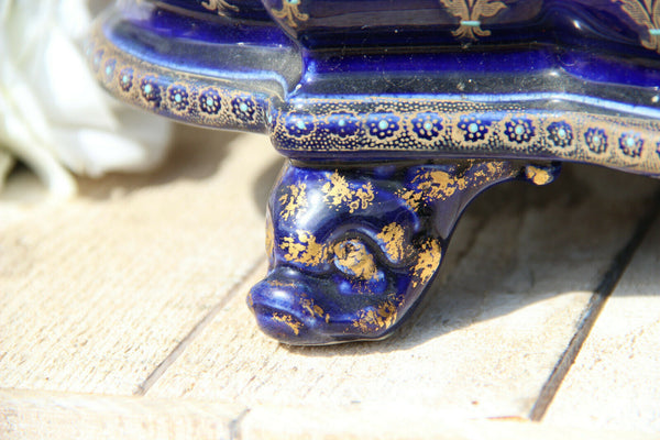 XL French antique majolica planter jardiniere Fleur de lys enamel dolphin snake