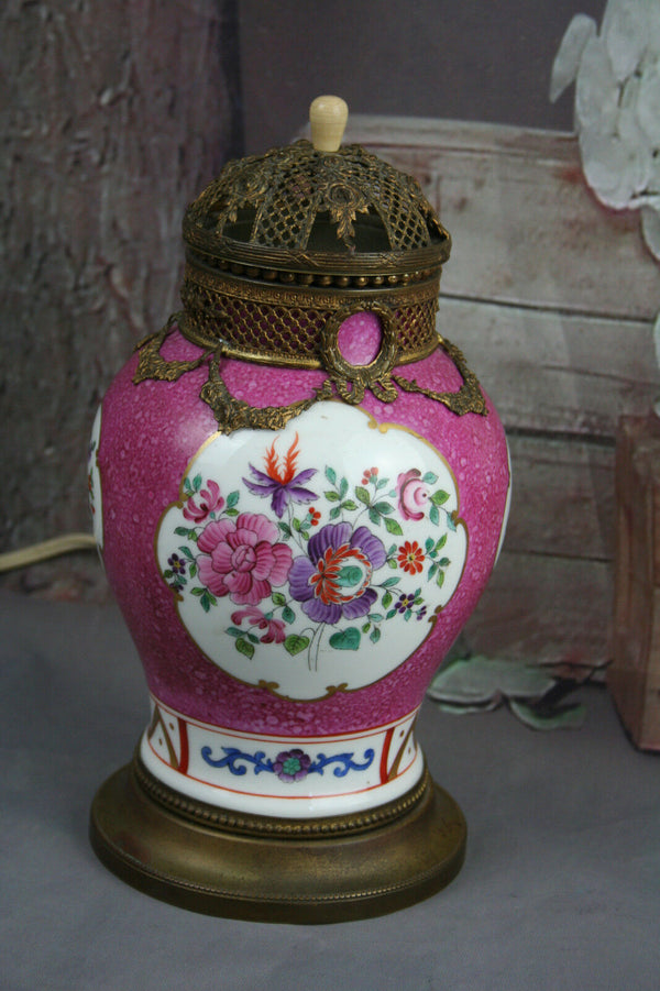 rare Porcelain German 1950's Lamp flowers table bronze