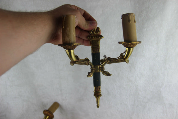 PAIR french empire Brass metal swan arms wall lights sconces 1950's