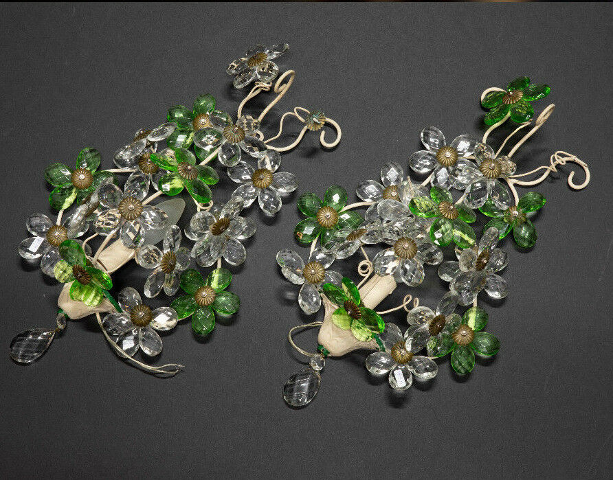 PAIR French Daisy flower green glass wall lights sconces attr maison bagues 1960