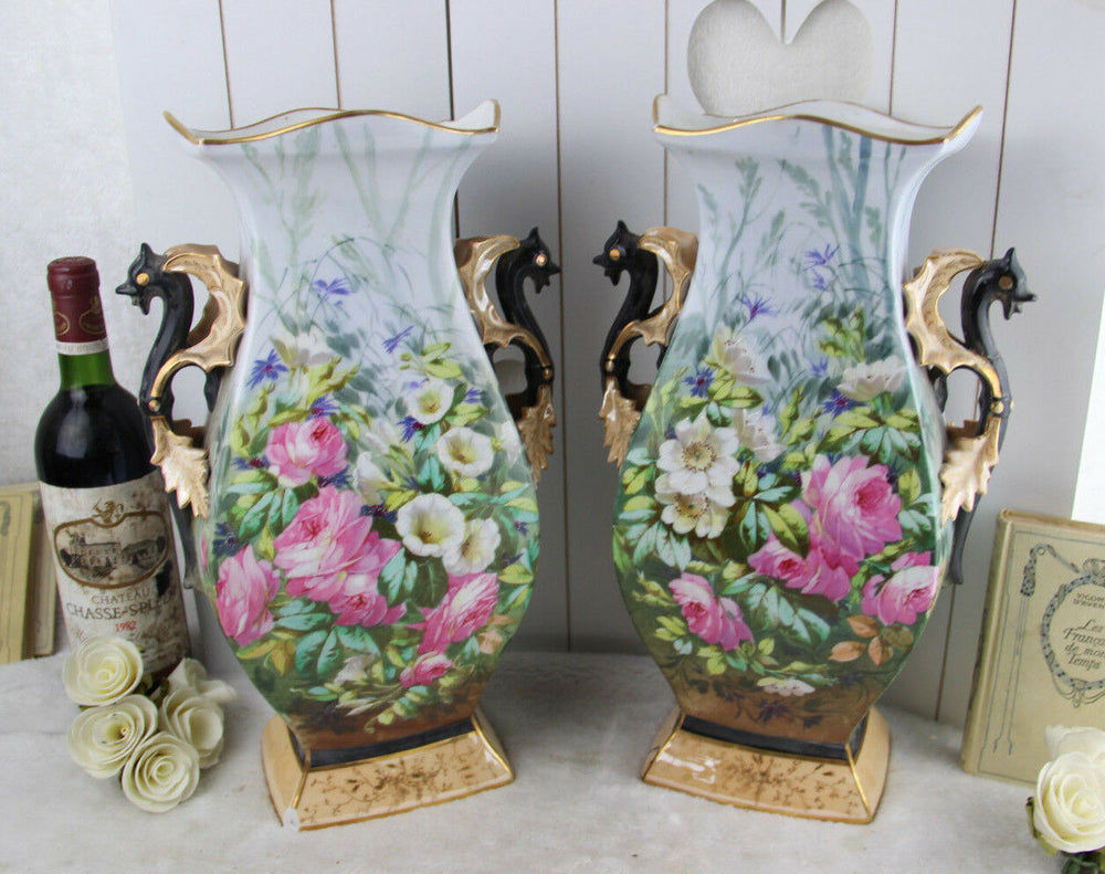 Antique PAIR XL Vieux paris porcelain Dragon gothic Floral Vases rare 1900