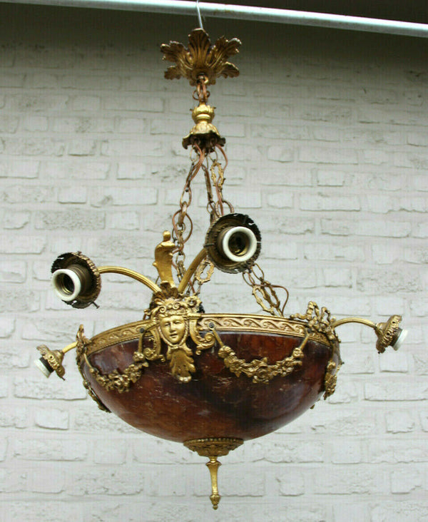 Top Antique French  Alabaster coupe bowl caryatid heads Chandelier amber