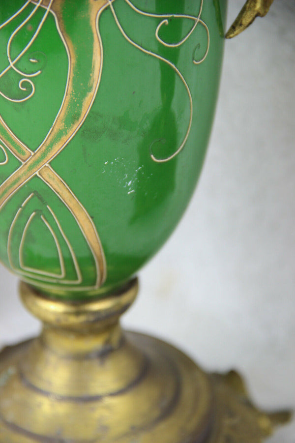 PAIR French antique Faience porcelain Green art nouveau cassolettes vases