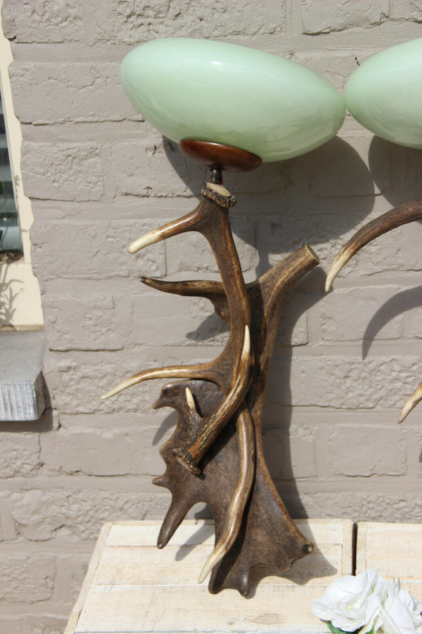 PAIR vintage 1970 hunt cabin Deer antler Sconces wall lights opaline shades