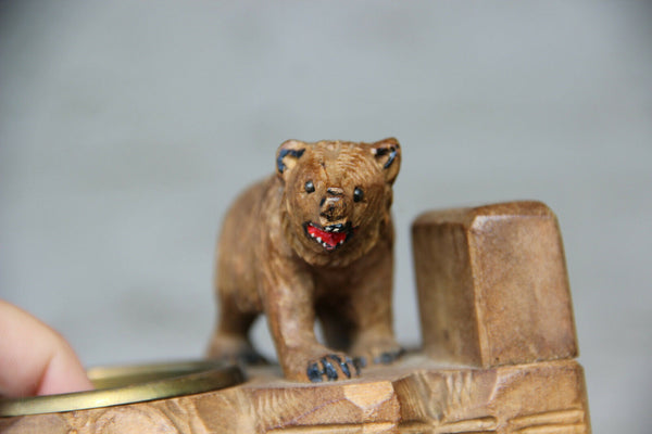 Antique hand Black forest wood carved swiss bear statue figurine ashtray BRIENZ