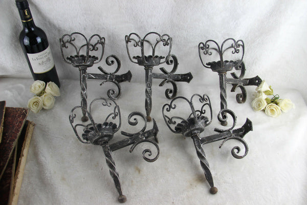 Set 5 French cast iron gothic castle sconces wall lights 1950s