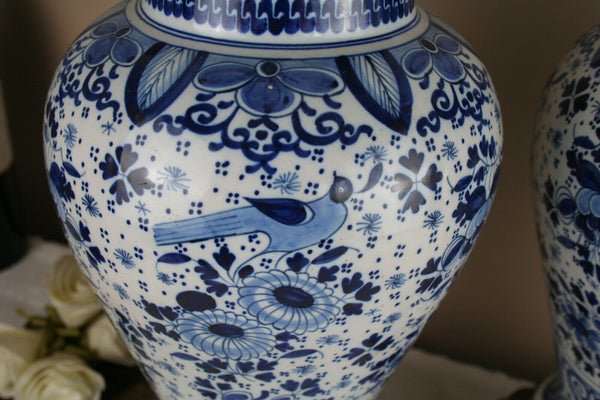 PAIR 1900 Delft Boch pottery Vases with birds bronze frames satyr devil heads