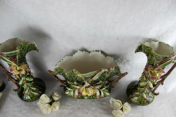 Huge Antique 1900 art nouveau barbotine MAjolica Vases planter set relief floral