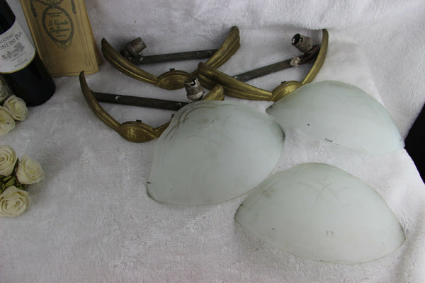 SET 3 French art deco design 1930 metal Glass wall lights sconces