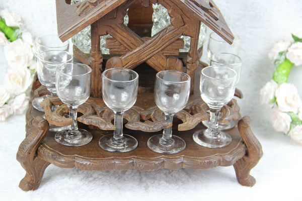 Antique BLACK Forest wood carved bar  cave cabinet swiss caraf shot glass