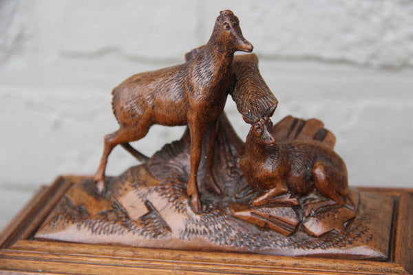 Antique Black forest Swiss wood carved box jewelry trinket 19th c deer animal
