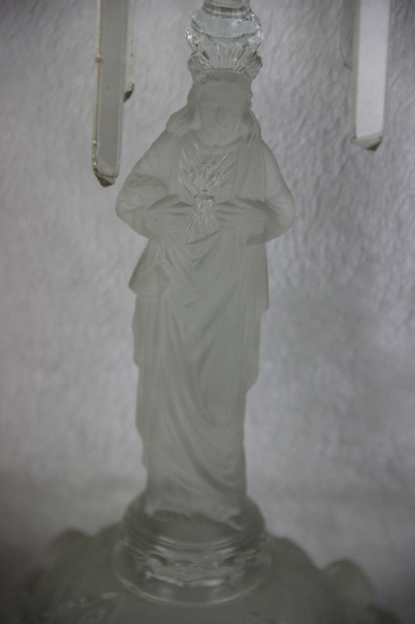 PAIR Rare frosted Glass Sacred Heart Candlestic Madonna Val Saint Lambert 1913
