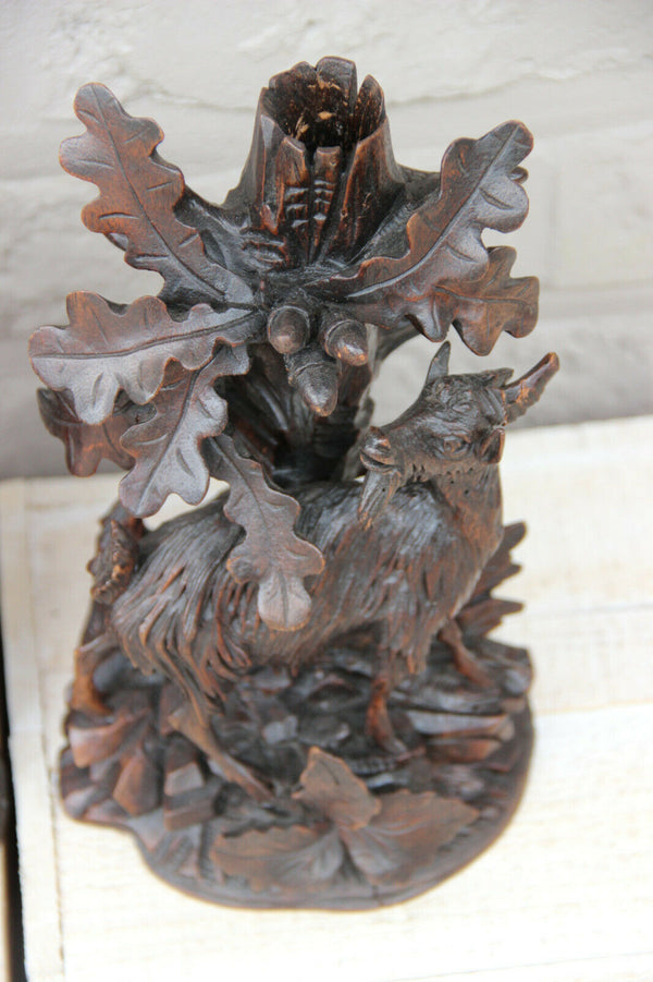 Antique Swiss Black forest wood carved candle holder Statue deer