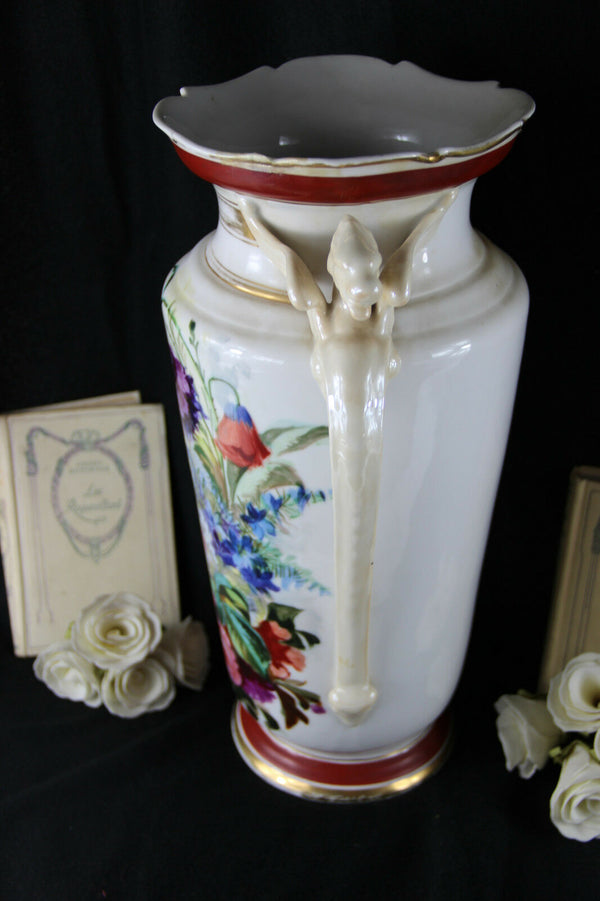 LARGE Antique French Porcelain Dragon gothic handles Vase floral decor