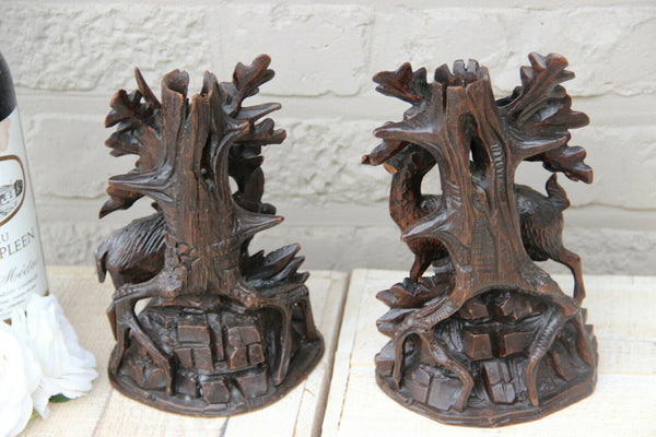Antique Swiss Black forest wood carved candle holder Statue deer