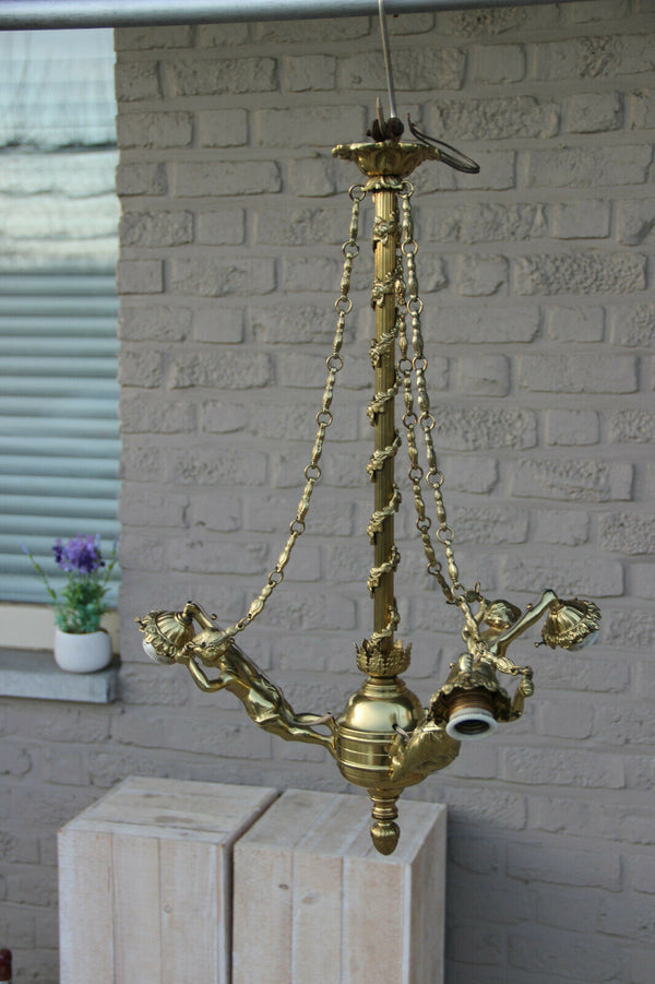 French Brass 3 Putti angel Chandelier lamp chains