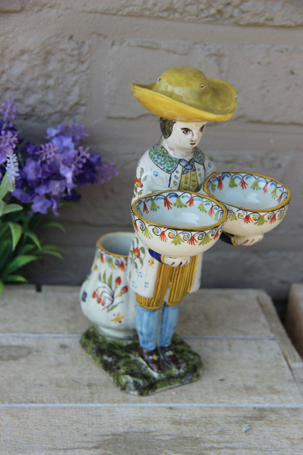 Antique henriot quimper Faience salt pepper vinegar cruet set figurine