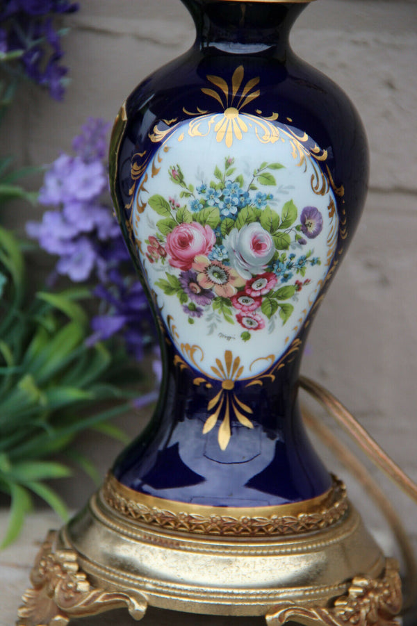 vintage french cobalt blue limoges porcelain floral table lamp 1960