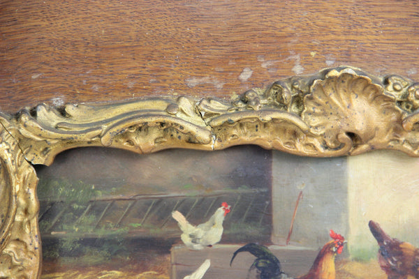 PAIR antique 19thc French oil panel painting chicken rooster farm louis XVI