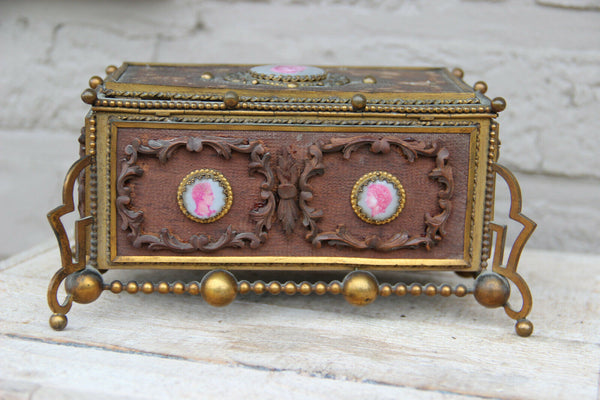 Vintage French Wood carved brass box knight medaillons plaques