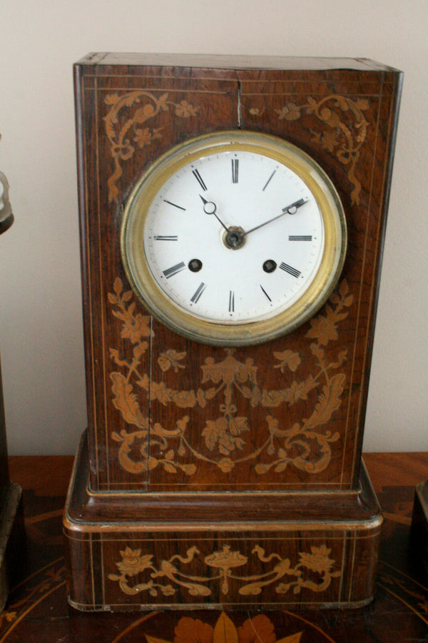 Gorgeous Antique 19th c French Marquetry inlaid Charles X wood clock set urns