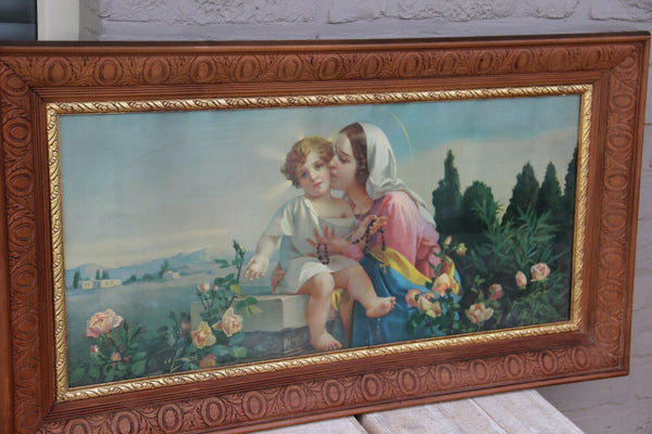 Huge Antique French Religious chromo Litho Madonna Jesus baby Framed