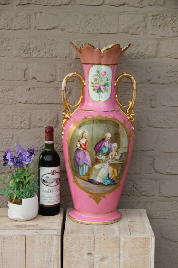 Huge Antique French vieux paris porcelain hand paint Vase pink