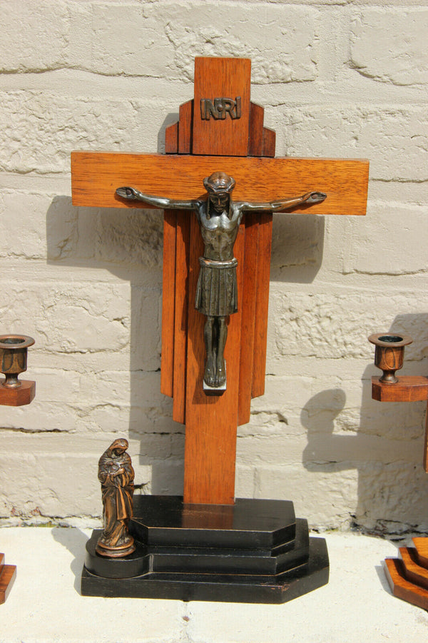 Antique ART DECO crucifix candlestick religious set wood metal
