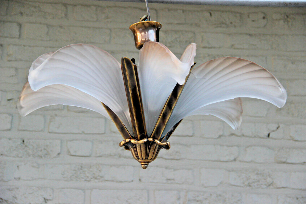 French art deco 6 Glass frost Shells brass metal Chandelier pendant
