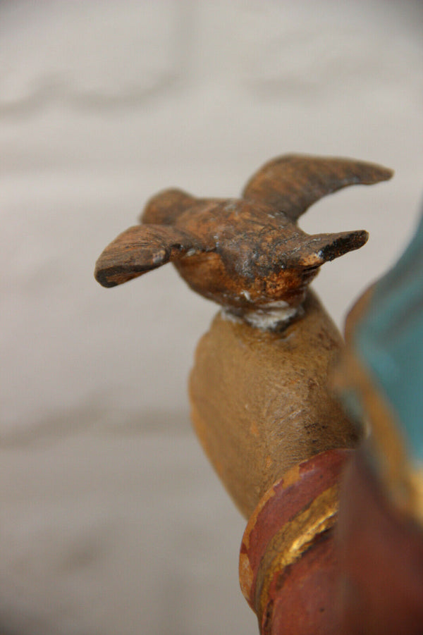 Antique flemish Wood carved polychrome madonna child bird figurine statue