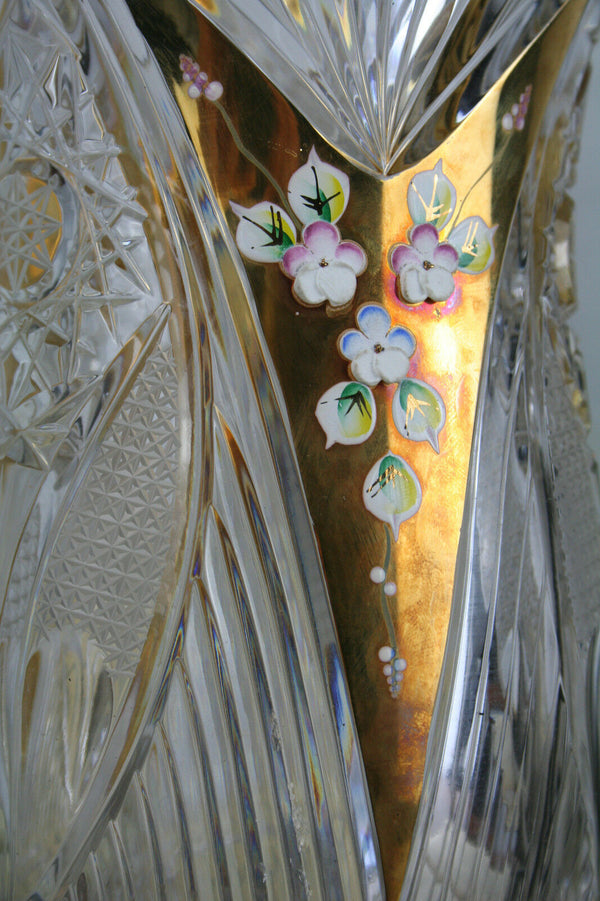 Gorgeous CRYSTAL CZECH Bohemian Vase enameled Encrusted flowers