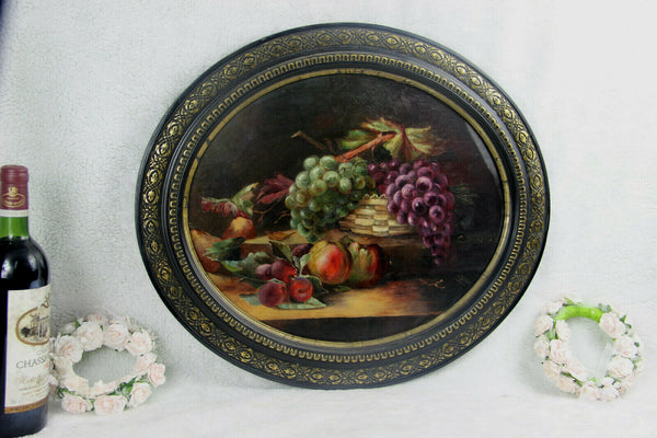 French antique oil cardboard oval still life Flowers fruits painting
