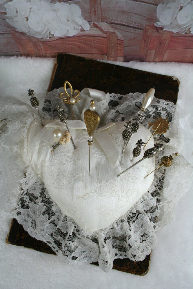 Antique Hat Pin Cushion or Pillow, Satin with Lace Overlay circa 12 pins