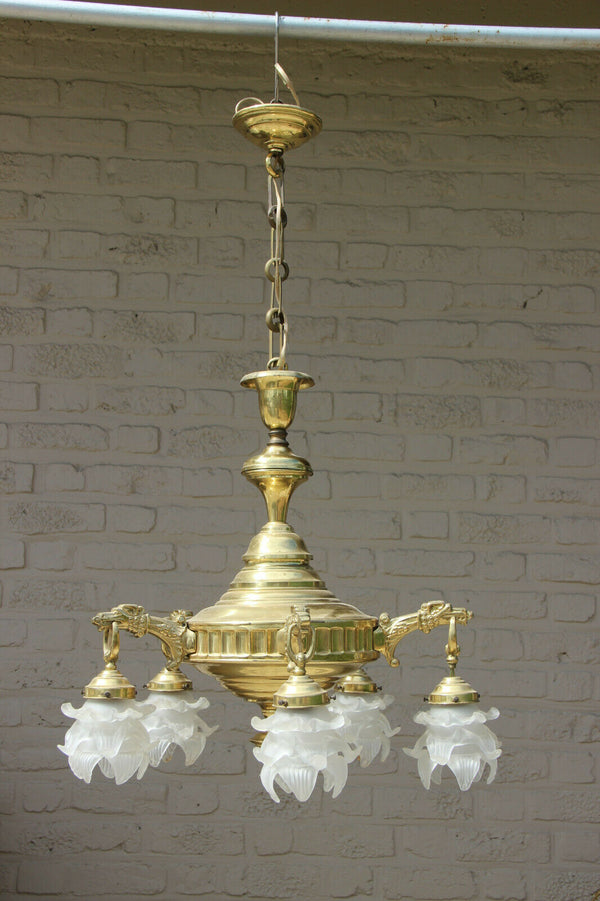 Antique French brass Gothic Dragon eagle heads tulip glass heads