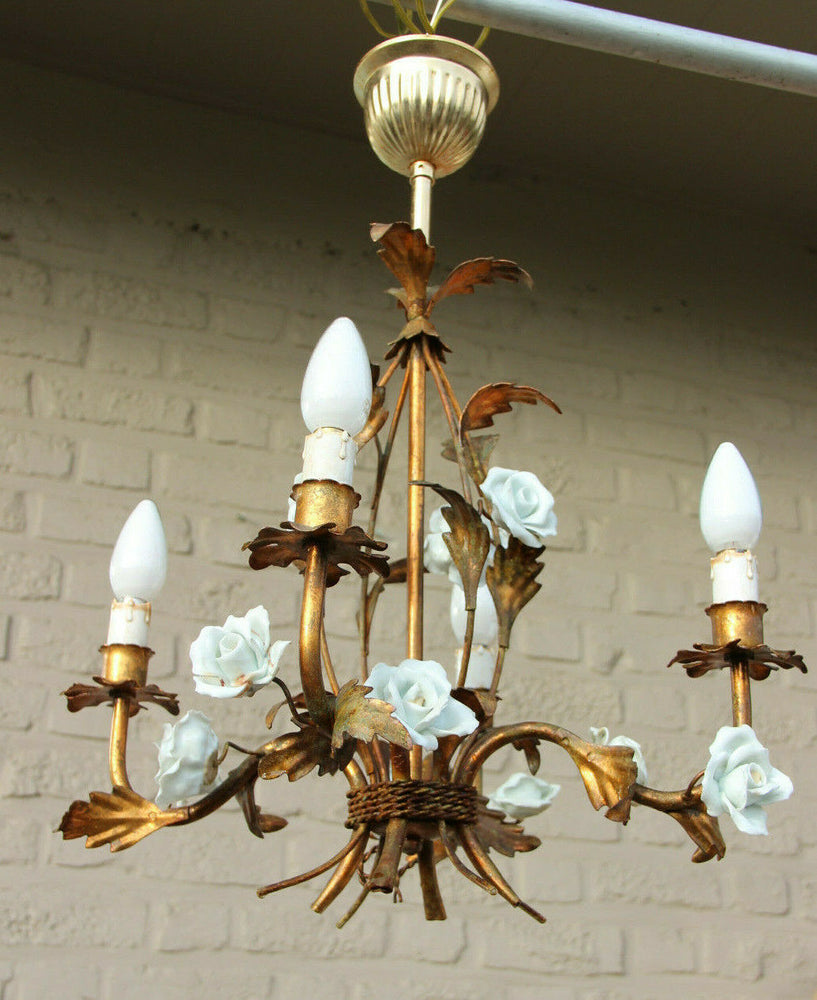 Vintage Metal gold gilt mid century Flower bouquet porcelain roses chandelier
