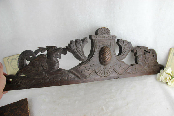 French antique wood carved dragon griffin pediment cabinet fronton gothic