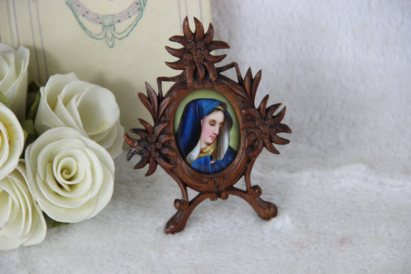 Black forest wood EDELWEISS  religious miniature portrait porcelain madonna