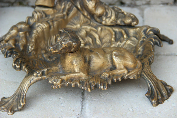French vintage 1950 Bronze umbrella stand holder hunt trophy rabbit dog horn