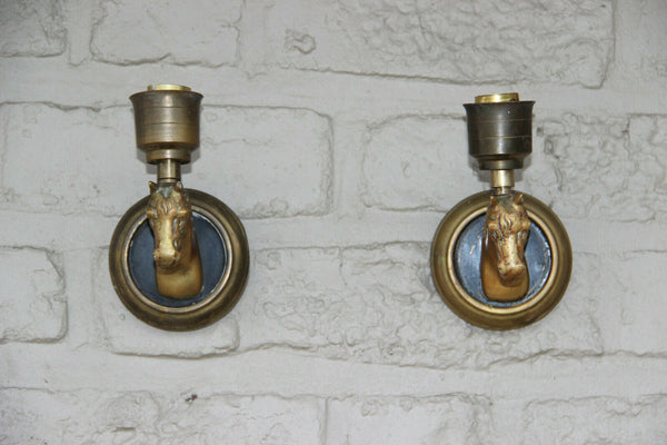 PAIR French equestrian horse brass wall lights sconces  attr maison jansen 1960