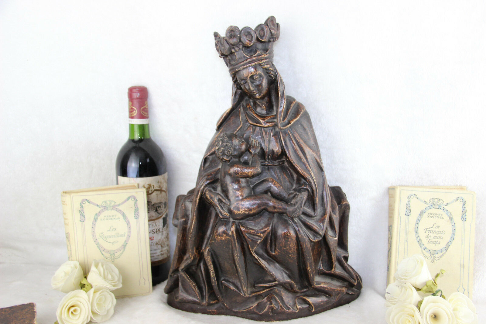 Large French antique Chalkware madonna with child religious statue