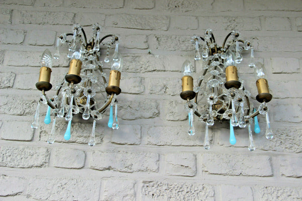 PAIR Murano turquoise glass drops flowers chains wall lights sconces 1960