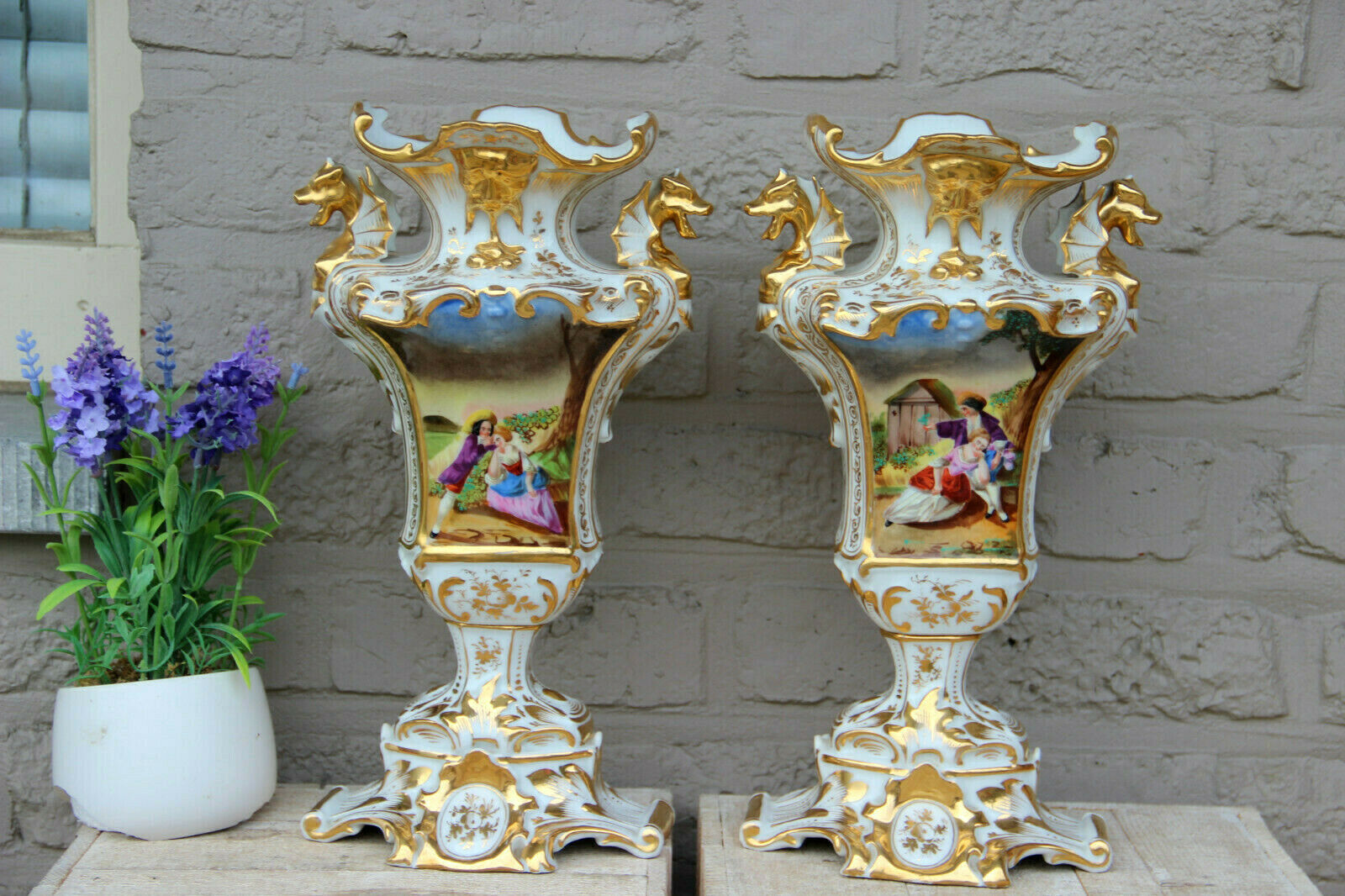 PAIR Antique 19thc Vieux paris porcelain Vases dragon gothic victorian rare