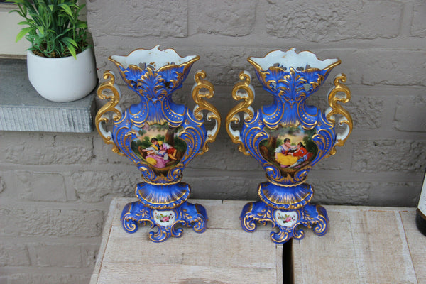 PAIR antique French vieux paris porcelain hand paint romantic victorian scene