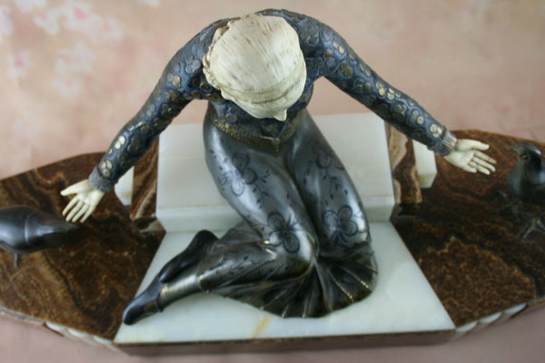 LARGE Heavy ART DECO group lady birds patinated metal / ivorine signed GORI