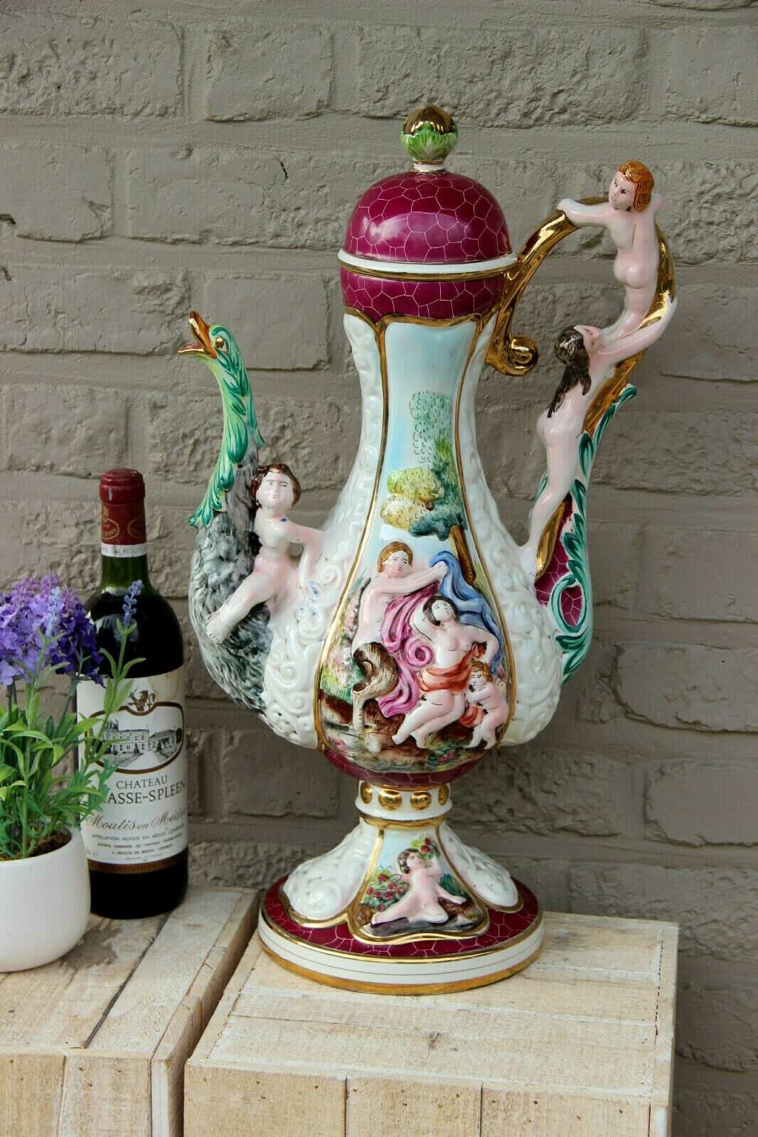 Majestical Capodimonte italian marked porcelain putti swan Ewer pitcher Vase